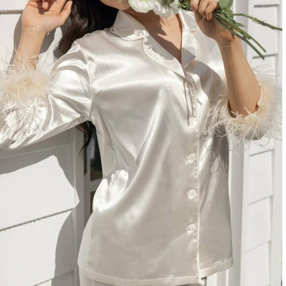 The Villa Feather Satin Sleepwear Set - Champagne - Medium - Picture 3 of 4